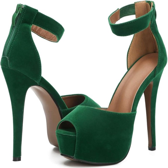 Emerald Green Velvet Peep Toe Pumps - Picture 2 of 4